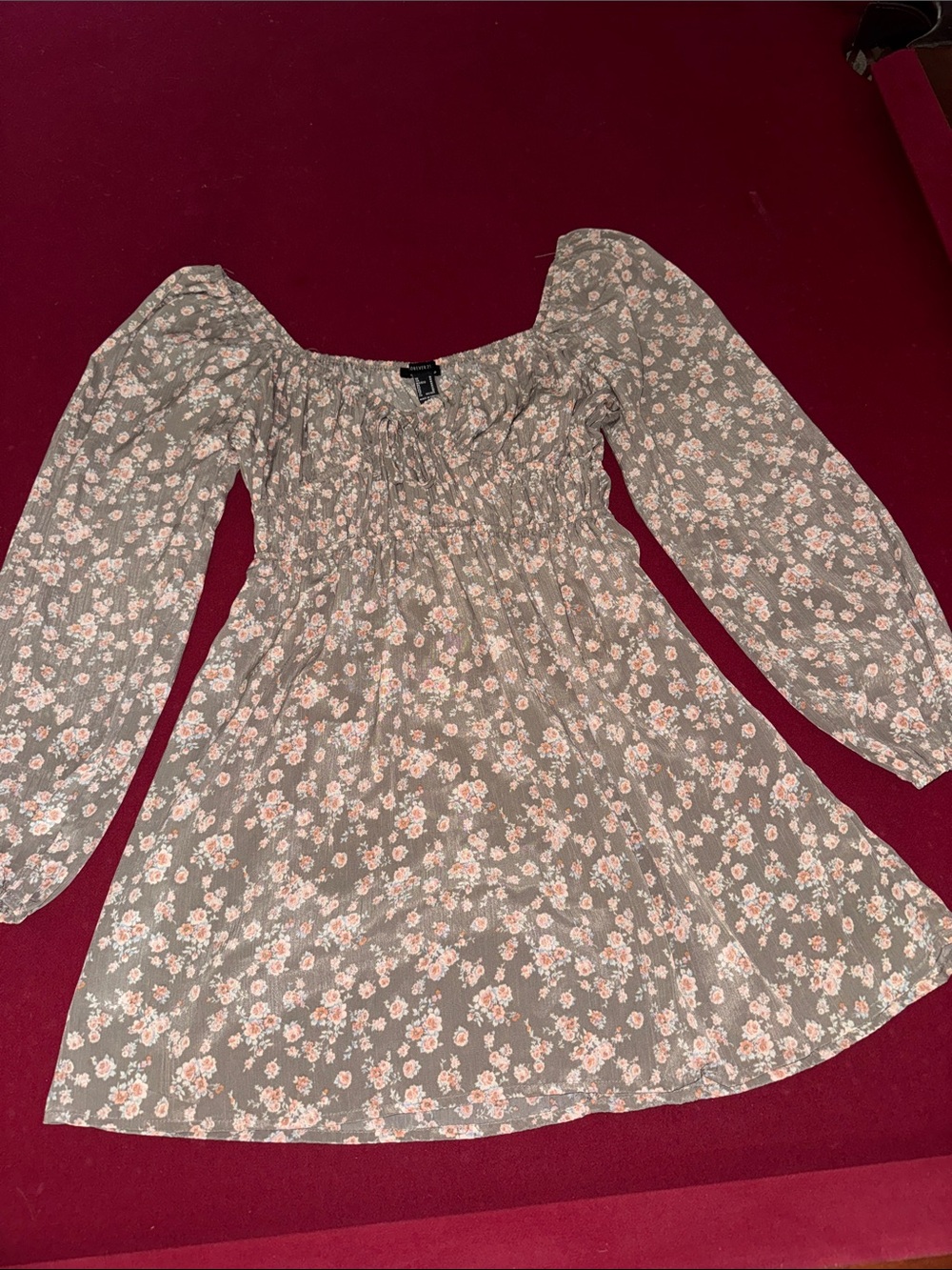 Floral Puff Sleeve Babydoll Dress - tan,  Green & Soft Pink